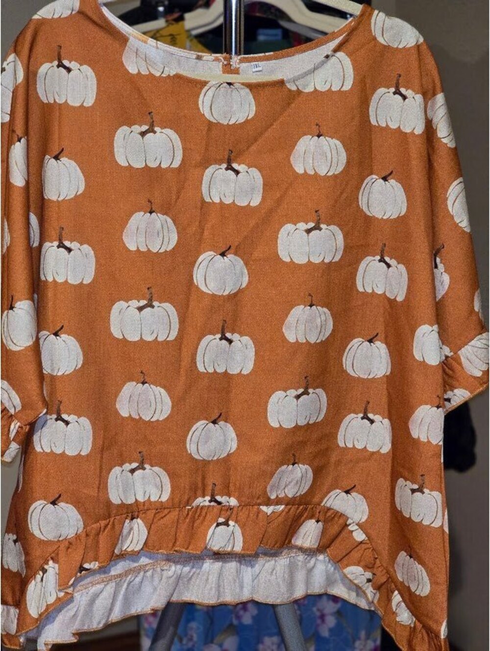 Plus Size 2XL Pumpkin Print Ruffle Hem Blouse